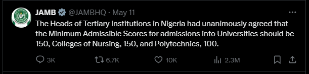 JAMB cut-off mark 2026/27